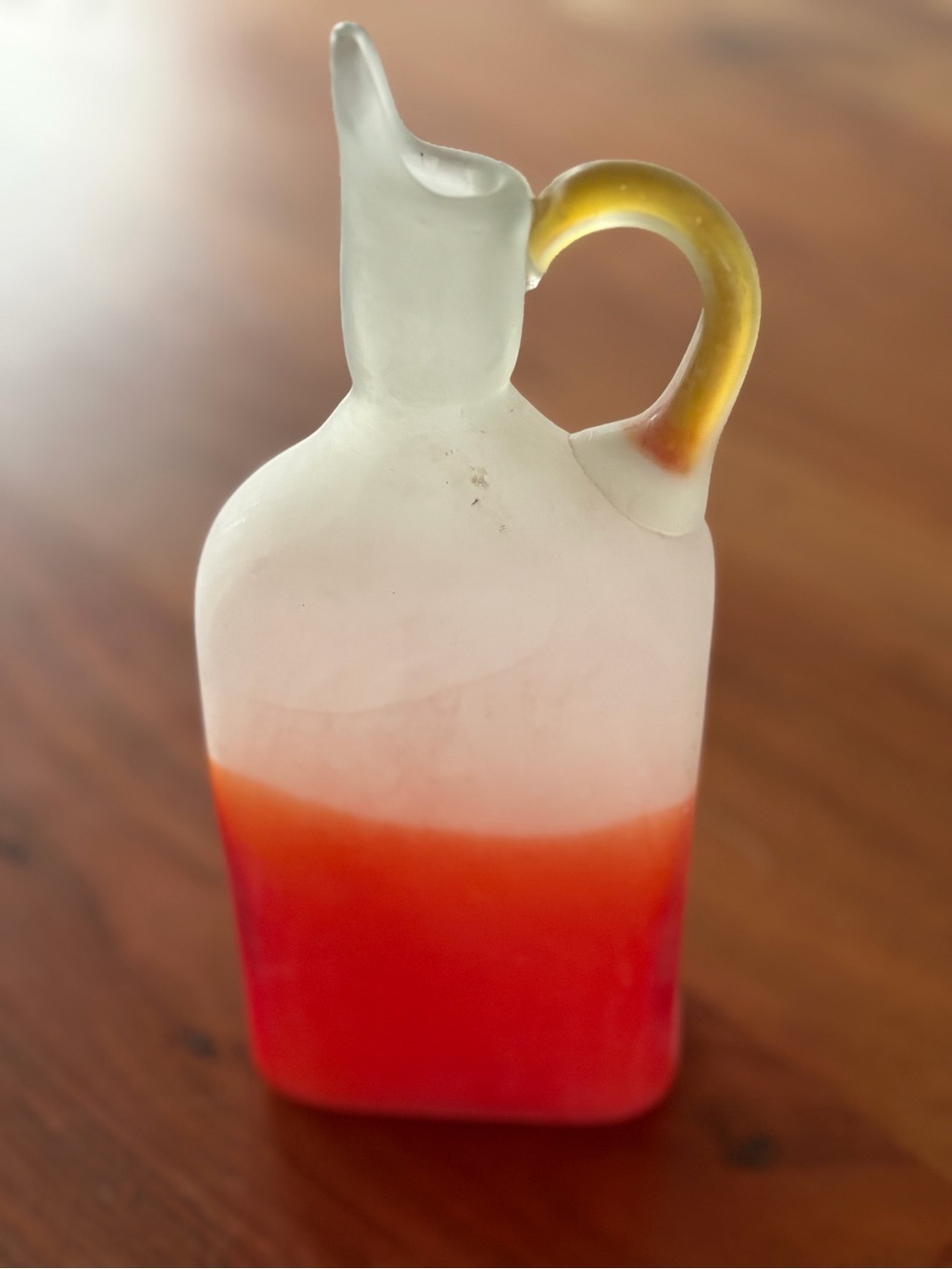 Vintage White to Red Ombre Glass Pitcher with Yellow Handle